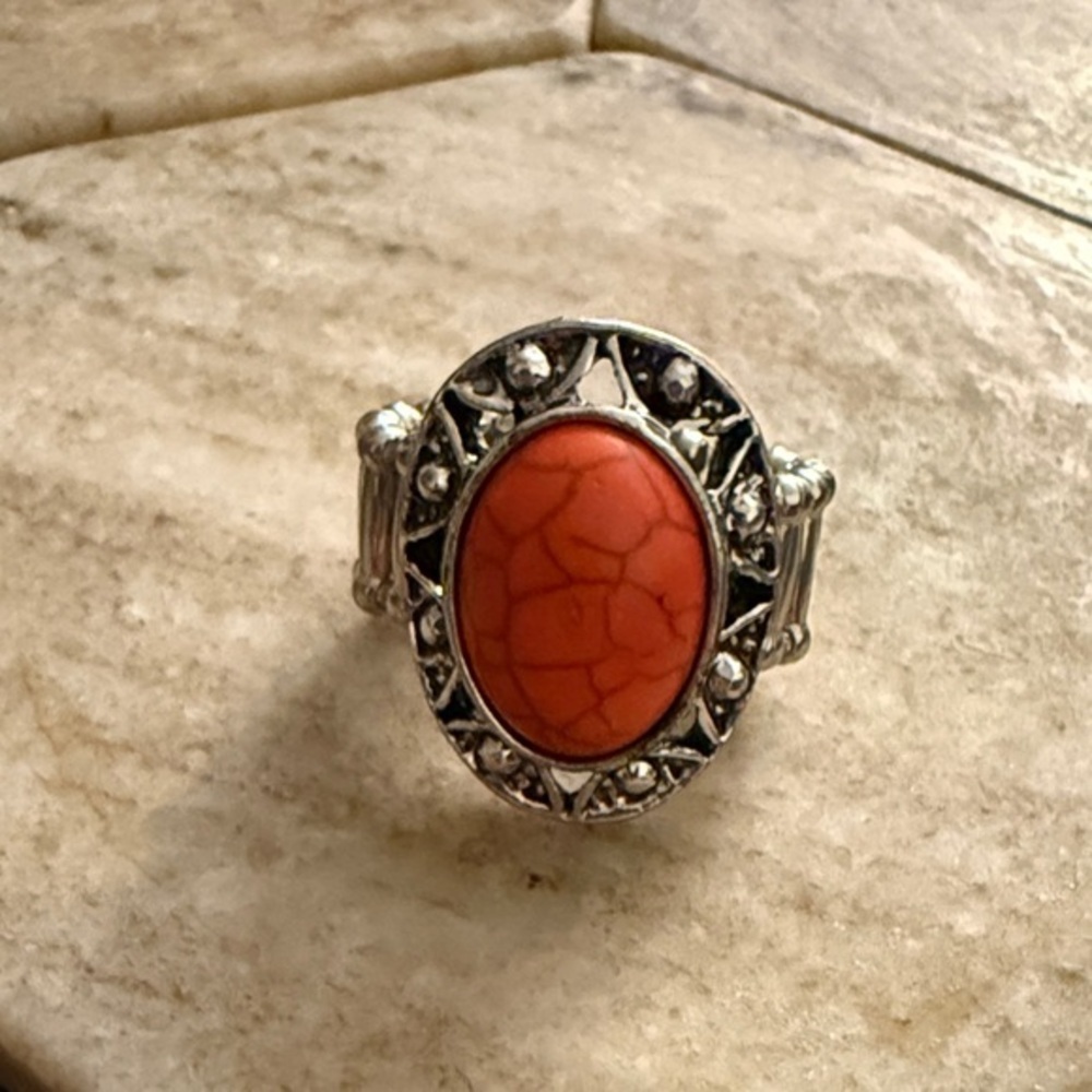 Vintage-Inspired Silver Ring with Coral Stone| Boho Ring |Casual Ring 🪸